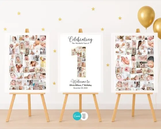First Birthday Photo Collage Welcome Sign - Editable Canva Template (Digital)