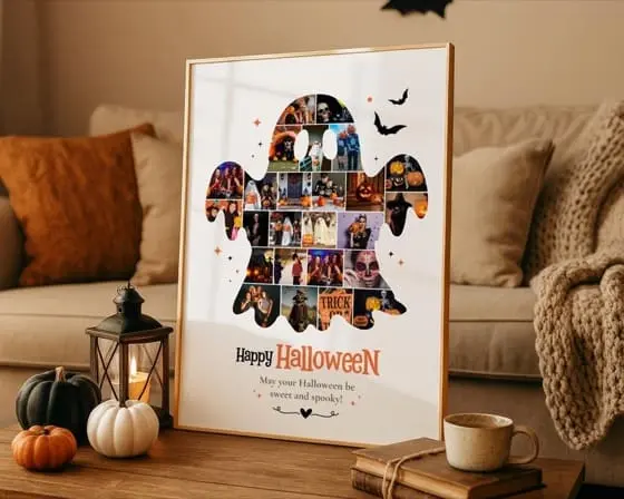 Halloween Photo Collage Template, Family Memory Keepsake, Spooky Wall Art, Trick or Treat Picture Frame, Canva Editable Gift