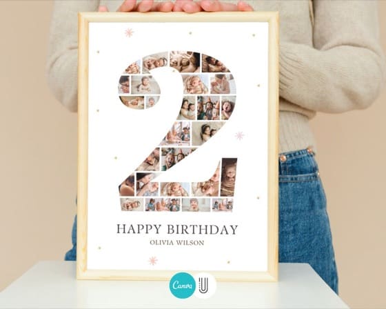 Second Birthday Photo Collage Template: Number 2 Design (Digital Download)