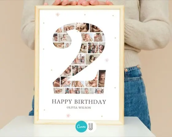 Second Birthday Photo Collage Template: Number 2 Design (Digital Download)