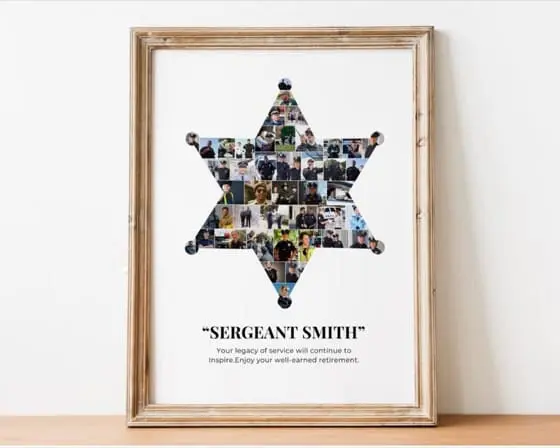 Sheriff Badge Photo Collage Canva Template for Personalized Police Retirement, Law Enforcement, and Sheriff Appreciation Gifts.