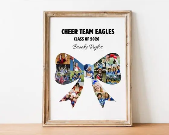 Hair Bow CHEER Photo Collage Frame Editable Canva TEMPLATE Sports Team Poster Sign Custom Ribbon DIY Senior Cheerleader Gift Customizable