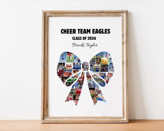 Custom DIY Personalized Senior Cheerleader Gift CHEER Hair Bow/Ribbon Photo Collage Frame Editable Canva TEMPLATE Sports Team Poster Sign