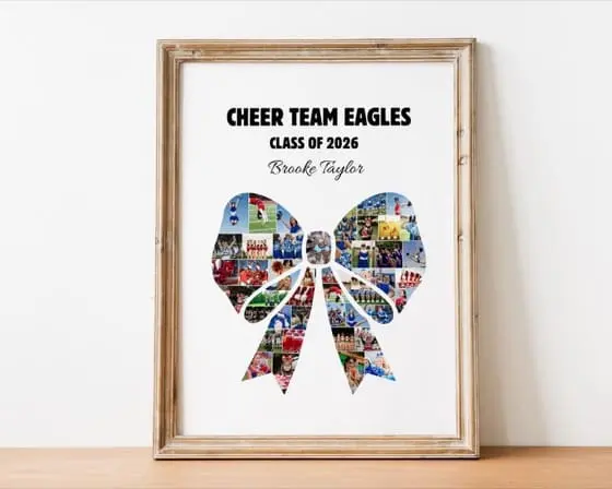 Custom DIY Personalized Senior Cheerleader Gift CHEER Hair Bow/Ribbon Photo Collage Frame Editable Canva TEMPLATE Sports Team Poster Sign