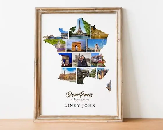France Map Photo Collage: Paris Love Story, Honeymoon Gift (