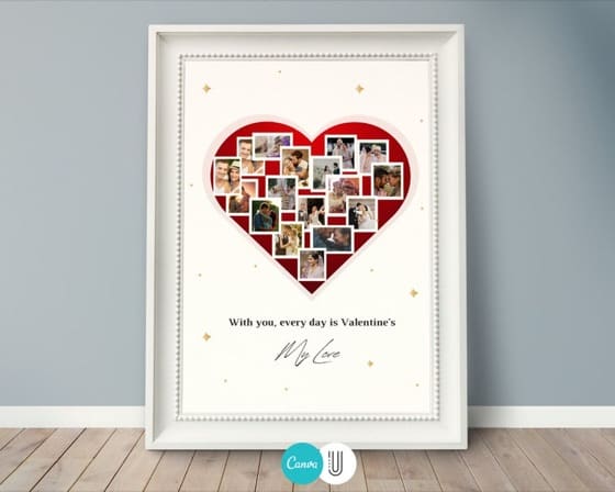 Red Heart Photo Collage Frame, Wedding Anniversary Gift (Canva Template)
