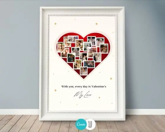Red Heart Photo Collage Frame, Wedding Anniversary Gift (Canva Template)